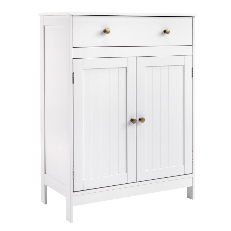 Zimtown White Wooden 2-Door Bathroom Cabinet Storage Organizer with 2 Shelves & 1 Drawer Free Standing