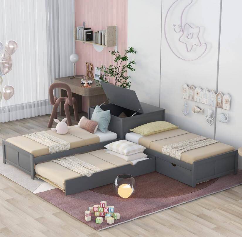 URTR 119 in. W Gray L-Shaped Platform Beds w\ Trundle and Drawers, Twin Size Corner Bed Frame Linked w\ Built-in FlipTable (INCOMPLETE SET, MISSING BOX 3 of 3 ONLY)