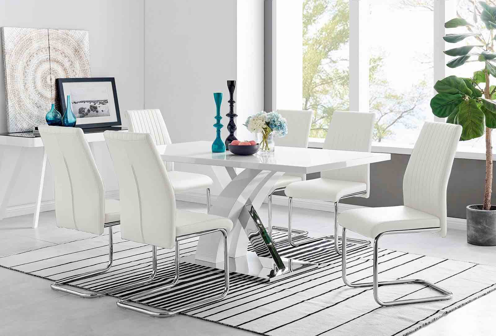 ATLANTA White High Gloss and Chrome Dining Table & 6 Faux Leather Lorenzo Chairs (INCOMPLETE SET, BOX 1 of 3 ONLY)