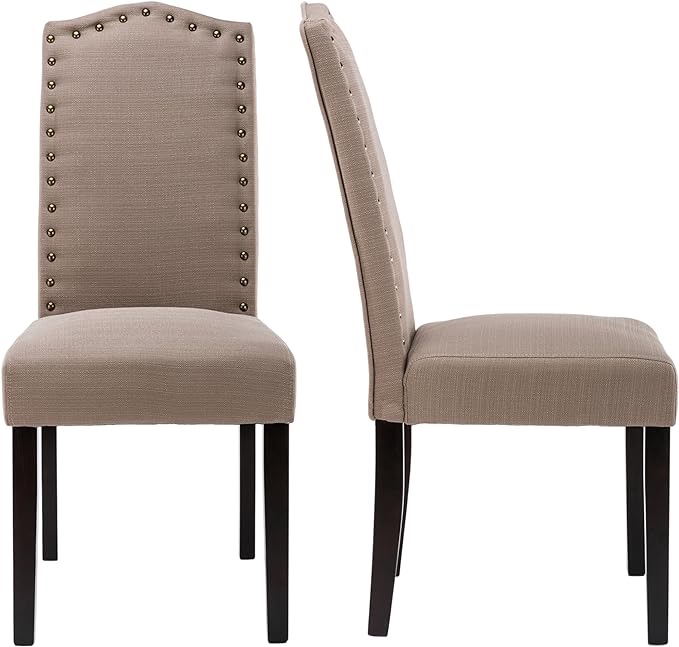 LSSBOUGHT Set of 2 Luxurious Fabric Dining Chairs with Copper Nails and Solid Wood Legs (Taupe)
