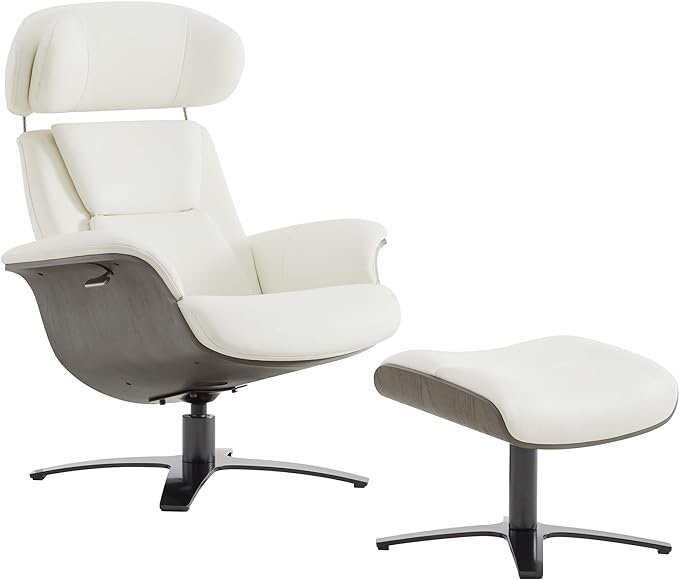 CHITA Genuine Leather Reclining Swivel Chair with Adjustable Headrest and Ottoman for Living Room, White (Incomplete Box 1/2)