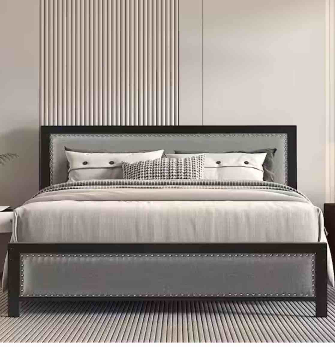 Metal Bed Frame Queen Gray with Linen Upholstered Headboard