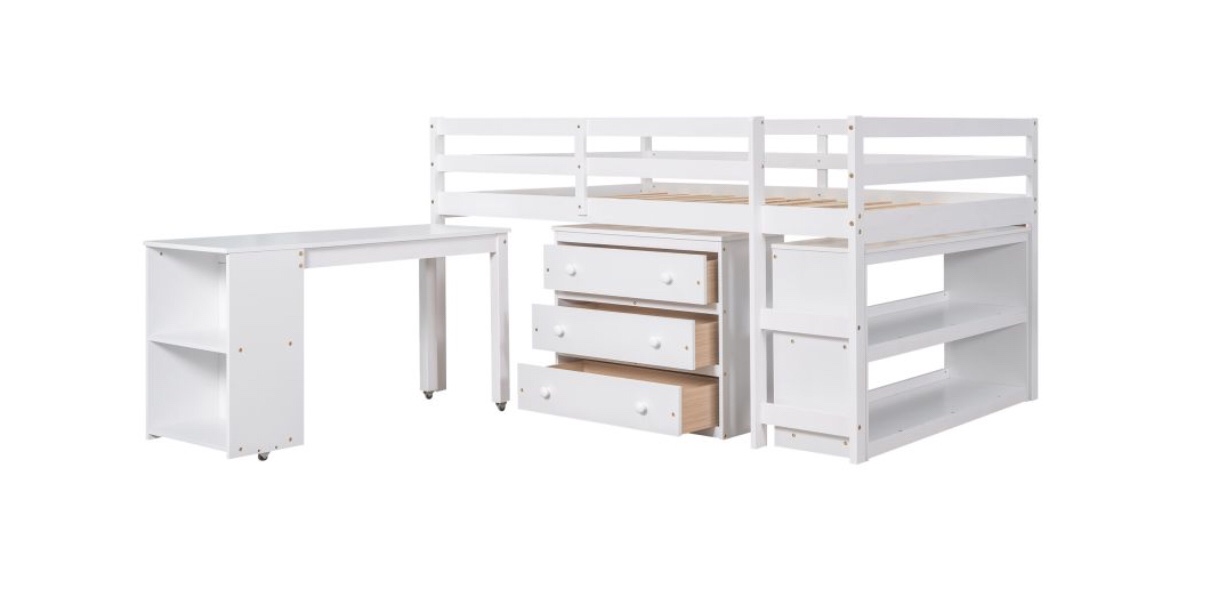Lucky Furniture | Low Study Full Loft Bed w/ Cabinet, Shelves & Rolling Portable Desk, White LT000313AAK(Incomplete box 1 of 2 )