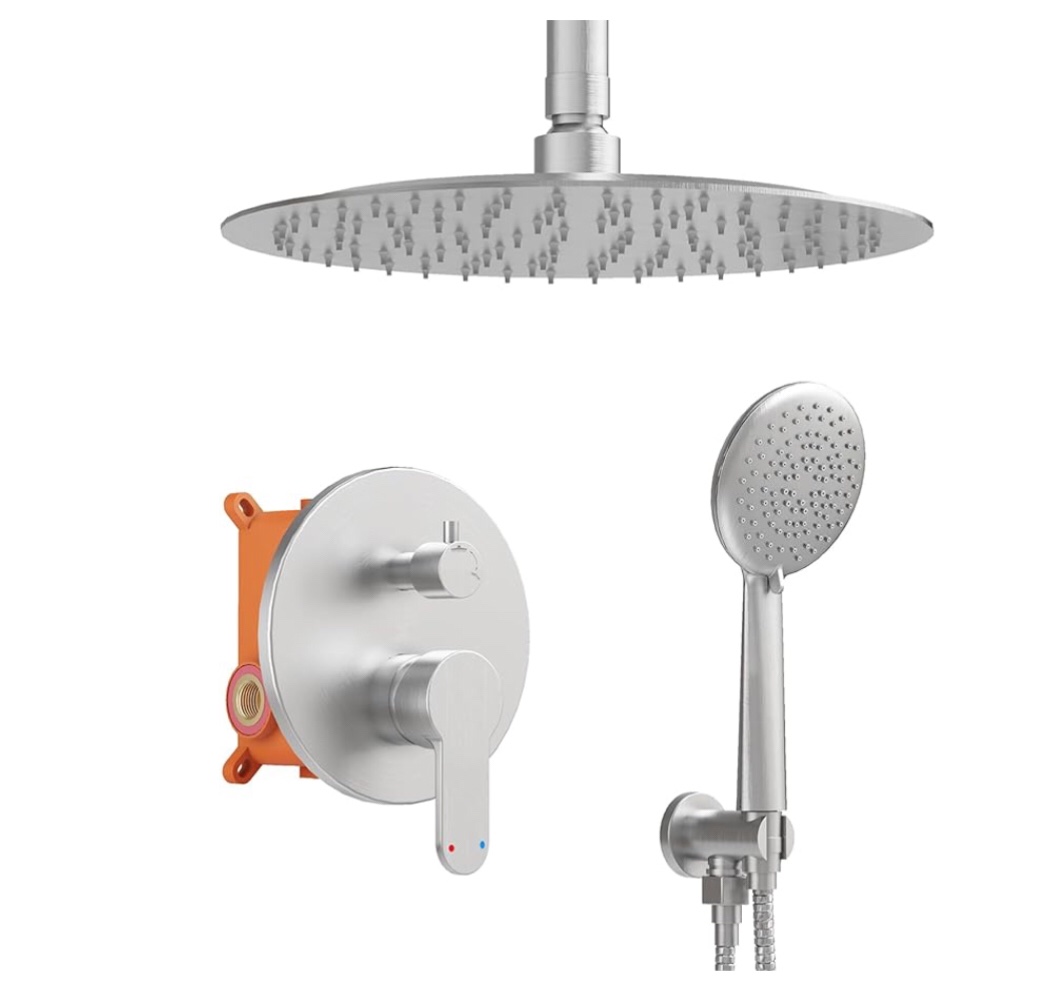 Gabrylly Shower System, Ceiling Shower Faucet Set with 10" Rain Shower head and Handheld Shower, Shower Combo Set with Valve, Brushed Nickel
