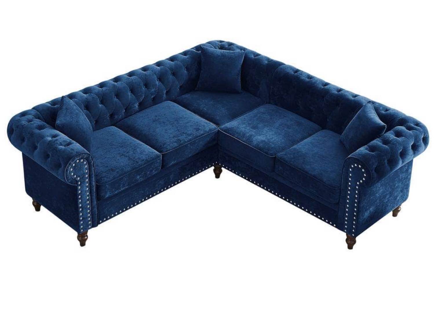 ERYE 80" Symmetrical Sectional Sofa,Button Tufted Velvet Upholstered Modular Sofa & Couch,Luxury Roll Arm Classic Chesterfield Couch,Nail Head Decor L-Shaped Corner Sofá with 3 Pillows, Blue(incomplete box 1)