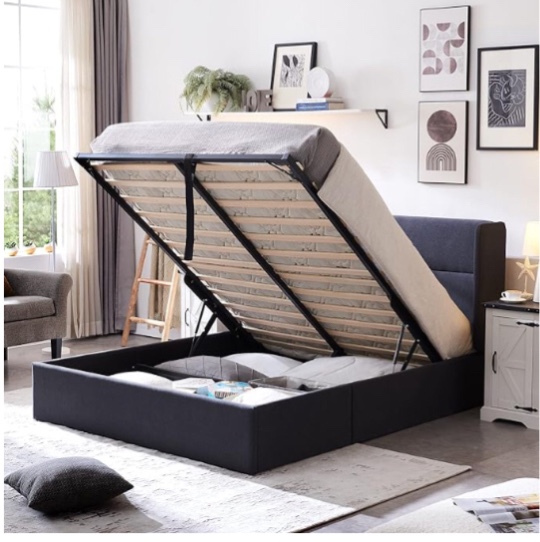 Zanmintaobo Queen Bed Frame with Storage, Upholstered Platform Bed with Lift up Hydraulic System, Linen Fabric Wingback Headboard, Wood Slats Support, Easy Assembly, No Box Spring Needed, Dark Grey