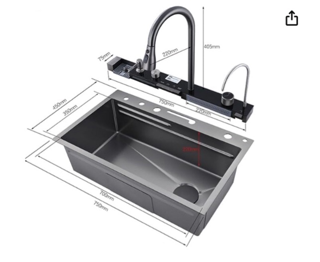KAPIRAJ Digital Integrated Multifunction Sink, Stainless Steel 304 Waterfall Sink, All in One Kitchen Sink,LED Lights With Digital Display Screen 5 Piano Switch Kitchen Sink(faucet only)