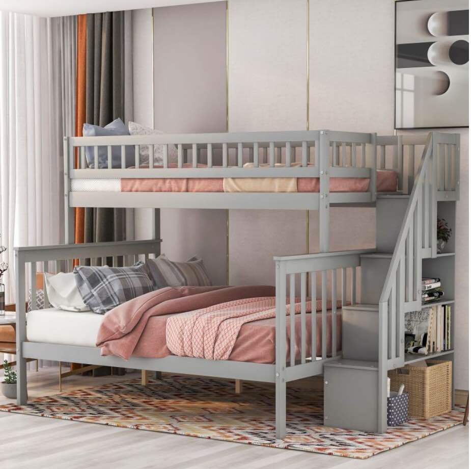 Twin Over Full Stairway Bunk Bed w/ Storage, Gray (incomplete) box 1/3 only 