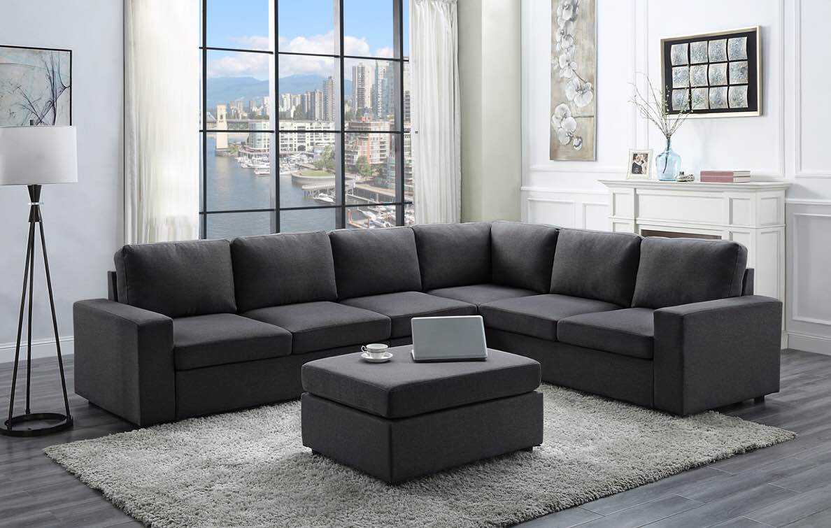 Bayside Modular Sectional Sofa With Ottoman In Dark Gray Linen (incomplete) corner chair only 