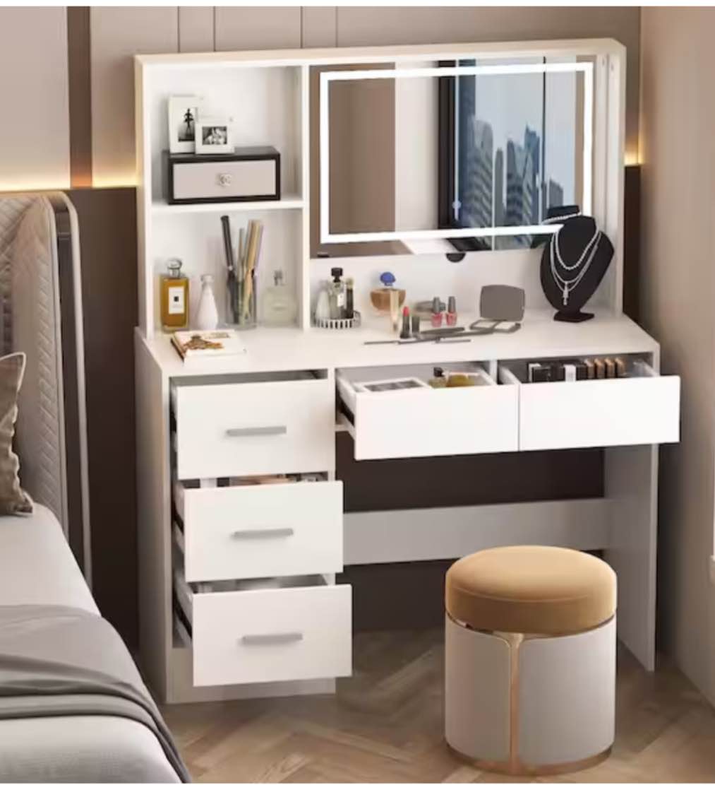5-Drawers White Wood Makeup Vanity Table Dresser Sets Dressing Desk with LED Mirror and Open Shelves (incomplete)