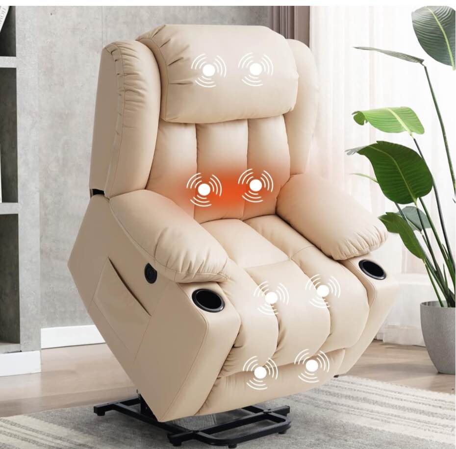 ASHOMELI Large Power Lift Recliner Chair for Elderly with Massage and Heating Function,2 Side Pocket,2 Cup Holders,USB Charge Port (Beige)(Incomplete box 2 )