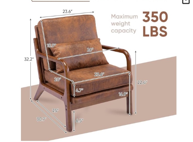 Mid Century Modern Accent Chair Set of 1 Living Room- Comfy Solid Wood Arm Chair with Lumber Pillow Lounge Decorative Brown Leather Office Side Chair Bedroom Reading Nook Sillas De Sala Microfiber