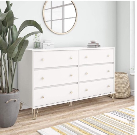 Novogratz Finley 6 Drawer, White Dresser (5396015COM)(Incomplete box 2 )