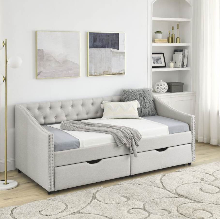 Twin Daybed w/ Drawers Upholstered Tufted Sofa Bed, Beige (Incomplete)