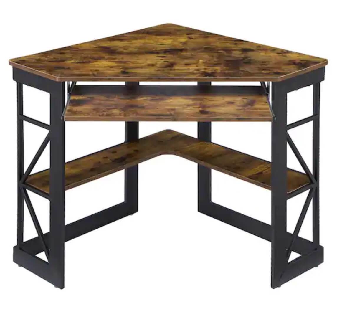 Corner Desk, 29.5 in. W Triangle Antique Brown Computer Desk, Wooden Desk, Steel Frame Computer Desk with Keyboard Tray