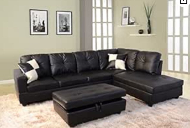 Beverly Fine Furniture Right Facing Russes Sectional Sofa Set With Ottoman, Black(Incomplete Left Arm Sofa only )