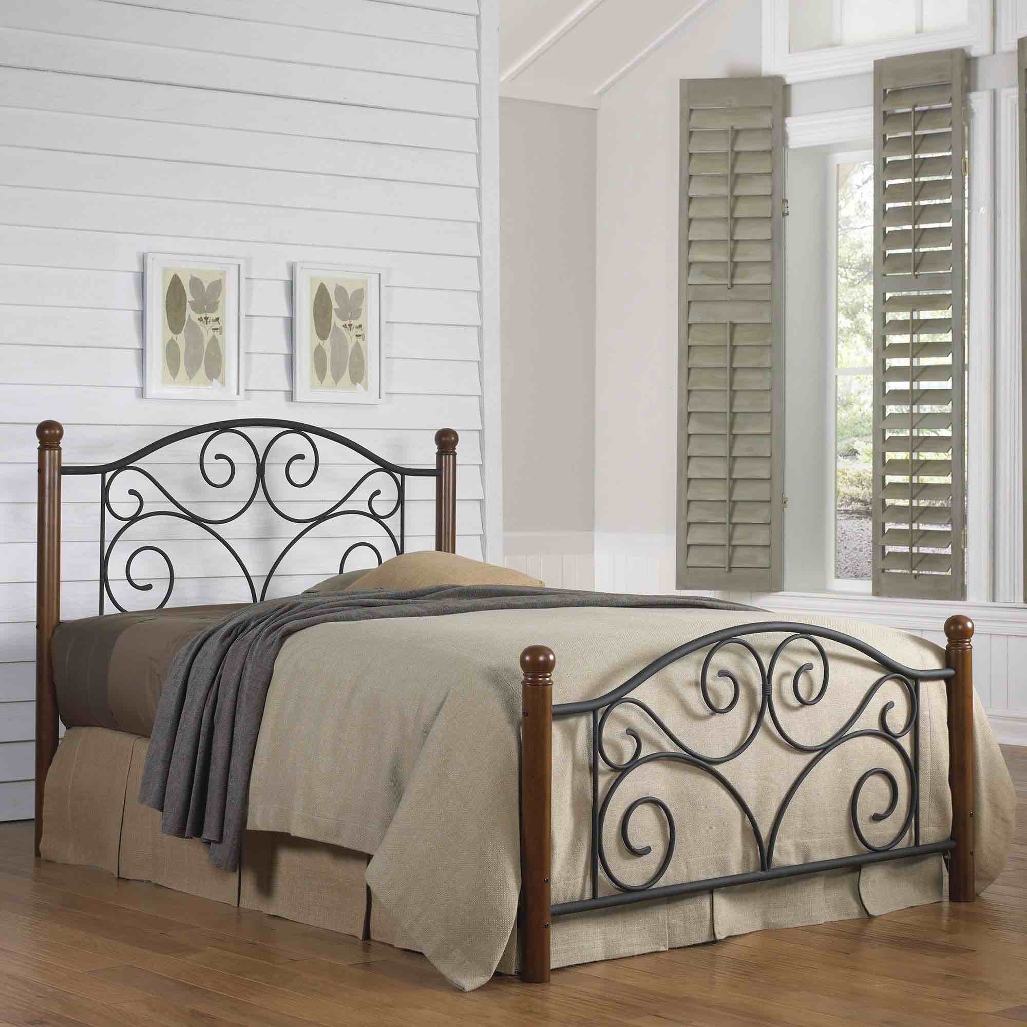 Doral Bed with Metal Panels and Dark Walnut Wood Posts, Matte Black Finish, Queen(Incomplete ) 