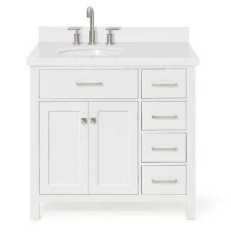 Ariel Bristol 37" Free Standing Single Oval Basin Vanity Set with Left Offset Cabinet and 1-1/2" Thick Quartz Vanity Top(Vanity only )