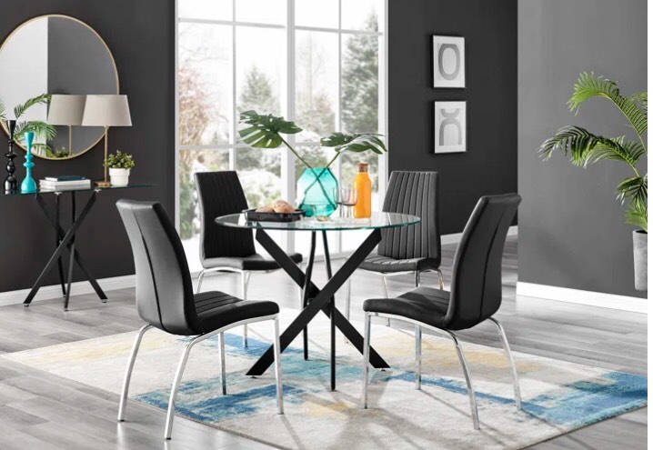 Tierra Black Metal and Glass 4 Seat Round Dining Table Set with Luxury Faux Leather Dining Chairs(Incomplete table top only)