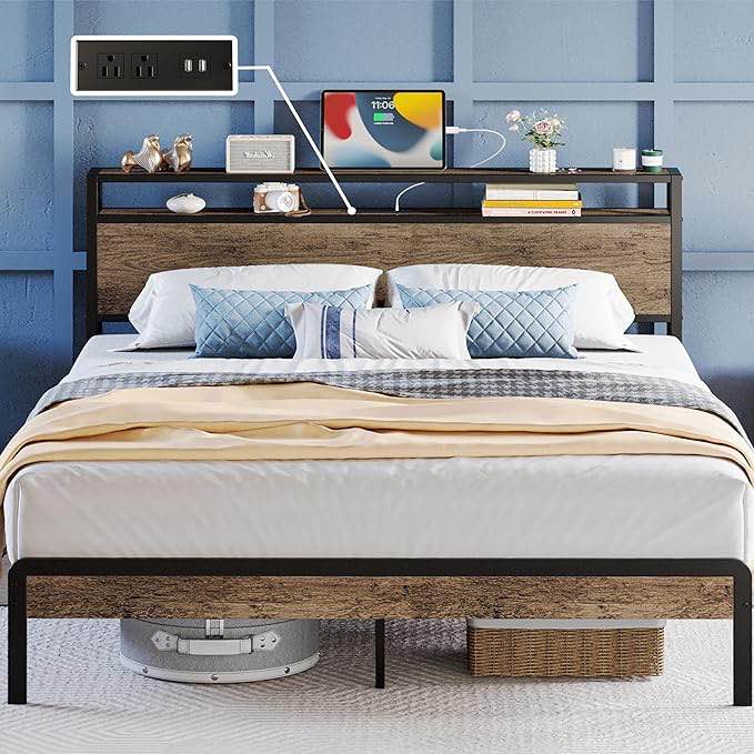 IRONCK Queen Bed Frame,Platform Bed with 2-Tier Storage Headboard and Power Outlets, USB Ports Charging Station, Sturdy and No Noise, No Box Spring Needed, Easy Assembly, Vintage Brown, Walnut