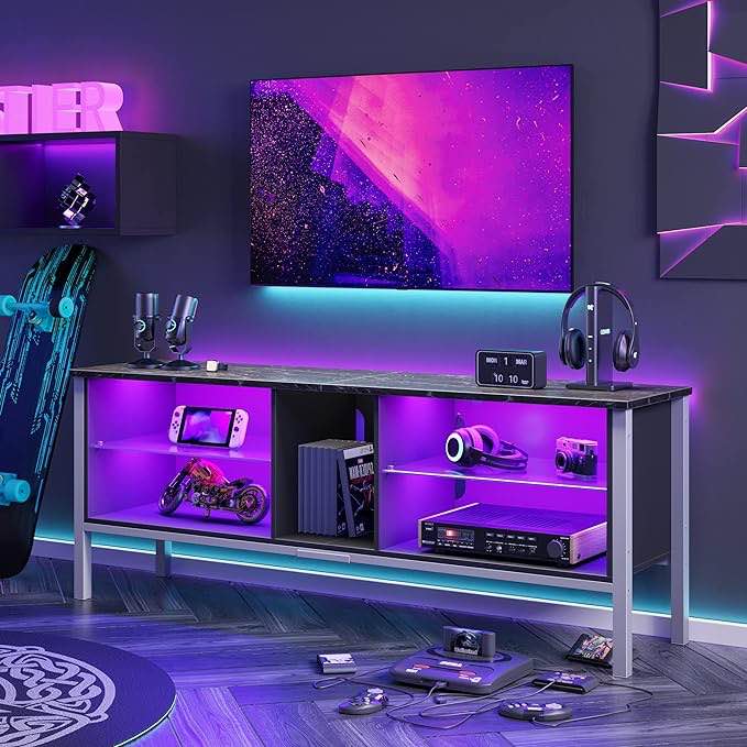 Bestier TV Stand for 70 inch TV, Modern Marble Gaming Entertainment Center with LED Lights, Wood TV Stand with Glass Shelves for Living Room Bedroom, Black Marble (incomplete 1 box only)