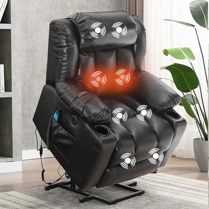 ASHOMELI Large Power Lift Recliner Chair for Elderly with Massage and Heating Function,2 Side Pocket,2 Cup Holders,USB Charge Port (Black) (incomplete 1 box only)