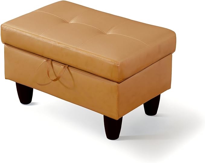 GRETERST Ottoman Upholstered Rectangular Storage Ottoman Bench Faux Leather Footrest Stool Footstool with Hinged Lid for Living Room, Bedroom, Entryway, Orange, 28.5"x19"x17.5"