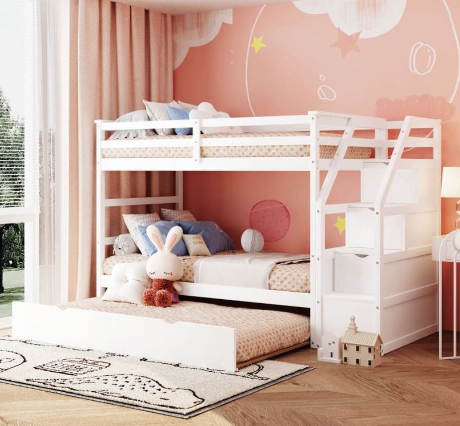 Twin Over Twin Bunk Bed w/ Twin Trundle & 3 Storage Stairs, White  (incomplete 1 box only)