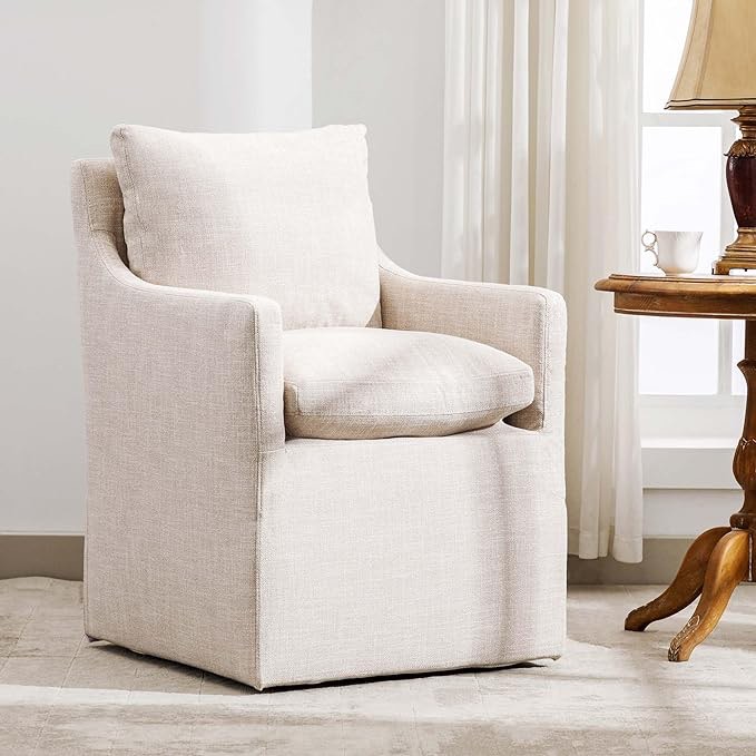 Duhome Upholstered Dining Chair,Linen Accent Chair for Living Room,Single Sofa Chair with 4 Casters,Upholstered Arm Chair for Bedroom Reading Room Waiting Room Kitchen Dining Room,Cream
