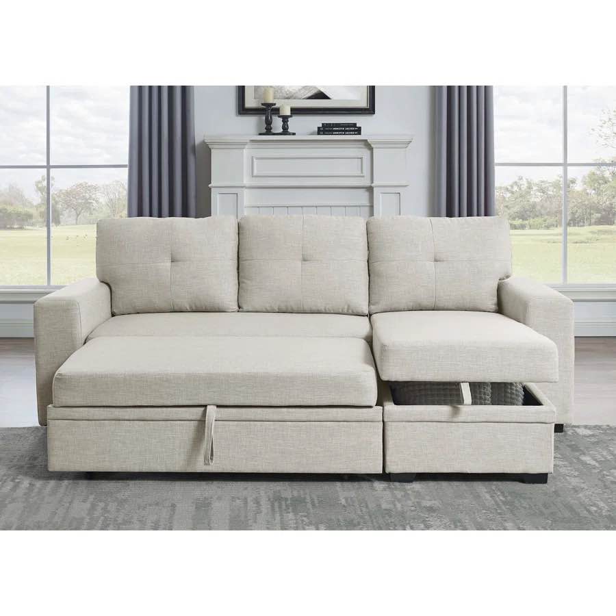 D76883 Beige Upholstered Sectional With Pull Out Bed( incomplete 1 box only)(similar to stock photo)