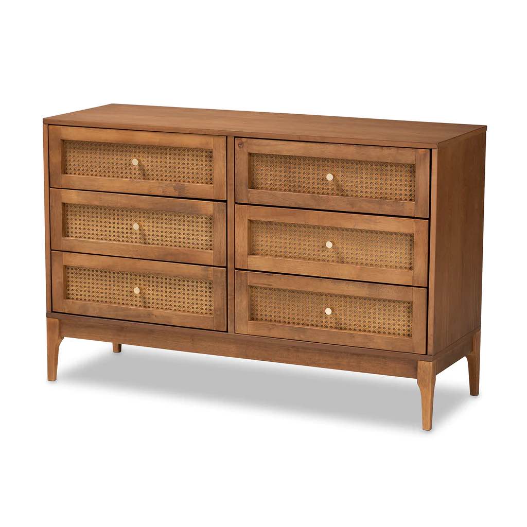(Box 2 Of 2) Ramiel Mid-Century Modern Ash Walnut Finished Wood And Rattan 6-Drawer Dresser