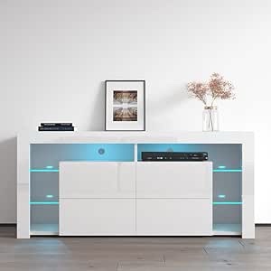 Meble Furniture Minelli TV Stand for TVs up to 70", Modern High Gloss 61" Entertainment Center, TV Media Console with Storage Cabinets and LED Lights ( incomplete box 1/2) 