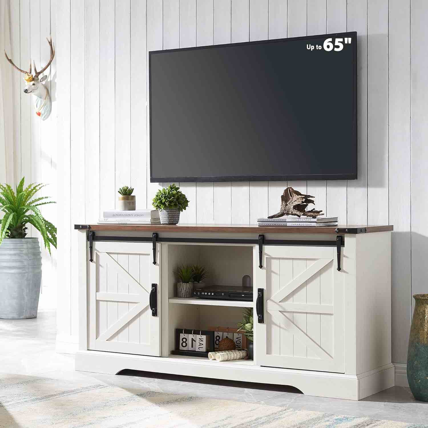 TV Stand for 65+ Inch TV, with Sliding Barn Door, Adjustable Shelf for Living Room
