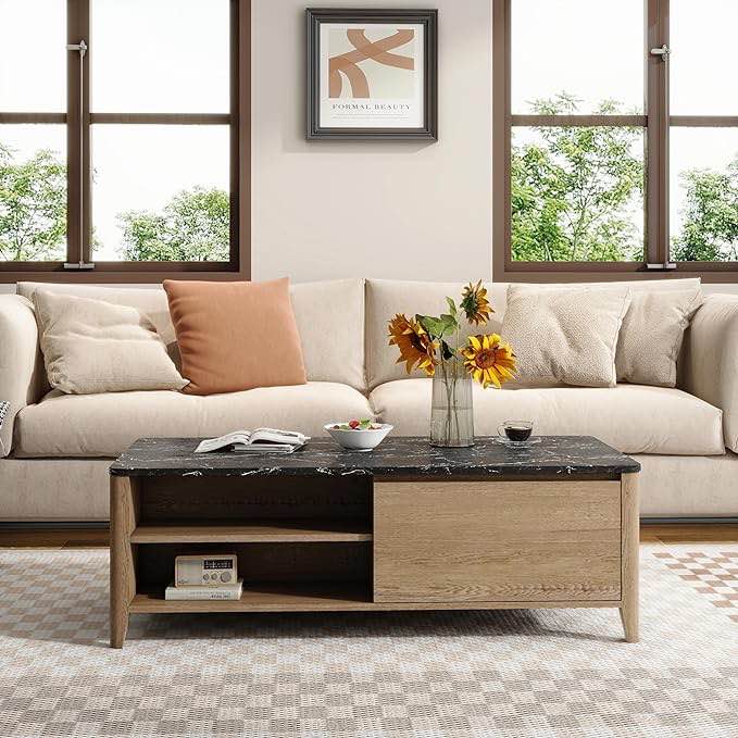Laoggbtb Coffee Table?Modern Farmhouse Style 47-Inch Rectangle Coffee Table with Two Drawers and Four Tiers of Storage for Living Room Office Break Room