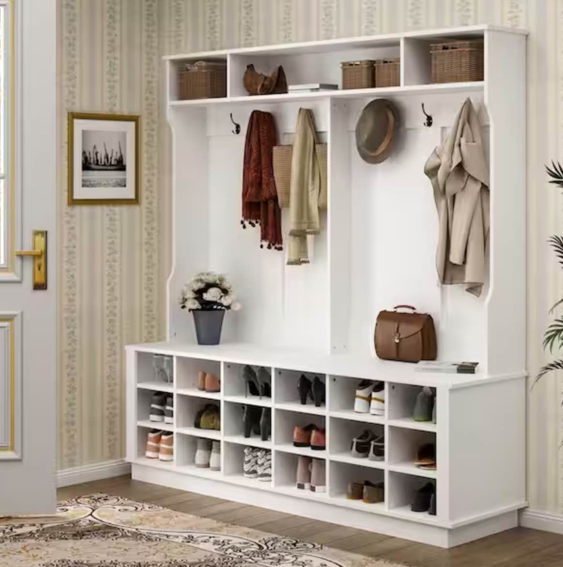 63 in. W White Wood 3-in-1 Hall Tree Coat Rack Shoe Storage Bench with 6-Metal Double Hooks, Shoe Rack and Shelves(incomplete box 1)