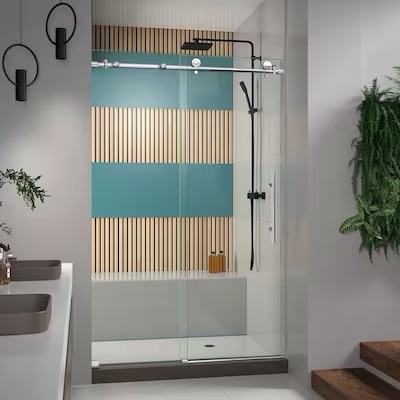 DreamLine Enigma-X Polished Stainless Steel 44-in to 48-in x 76-in Frameless Sliding Shower Door
