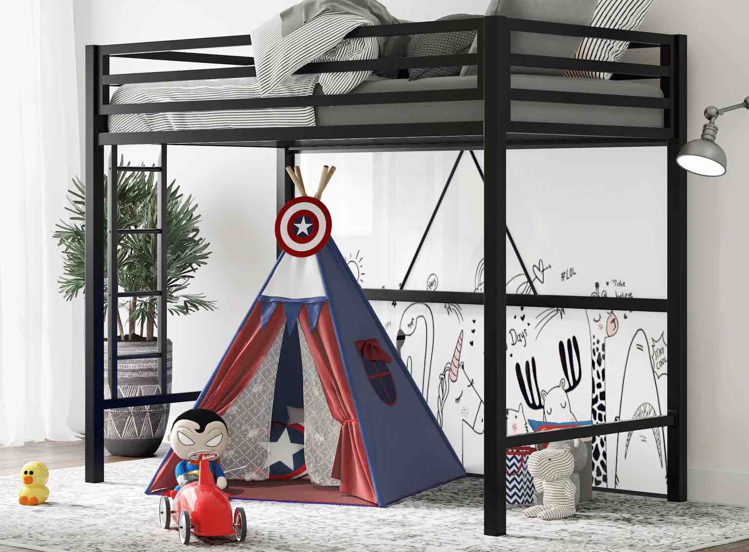 Metal Twin Loft Bed for Teens & Kids, Loft Bed with Stairs & Safety Guardrail