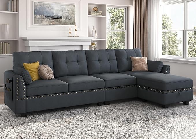 HONBAY Convertible Sectional Sofa L Shaped Couch Reversible Sectional for Small Apartment, Bluish Grey(incomplete box c *)