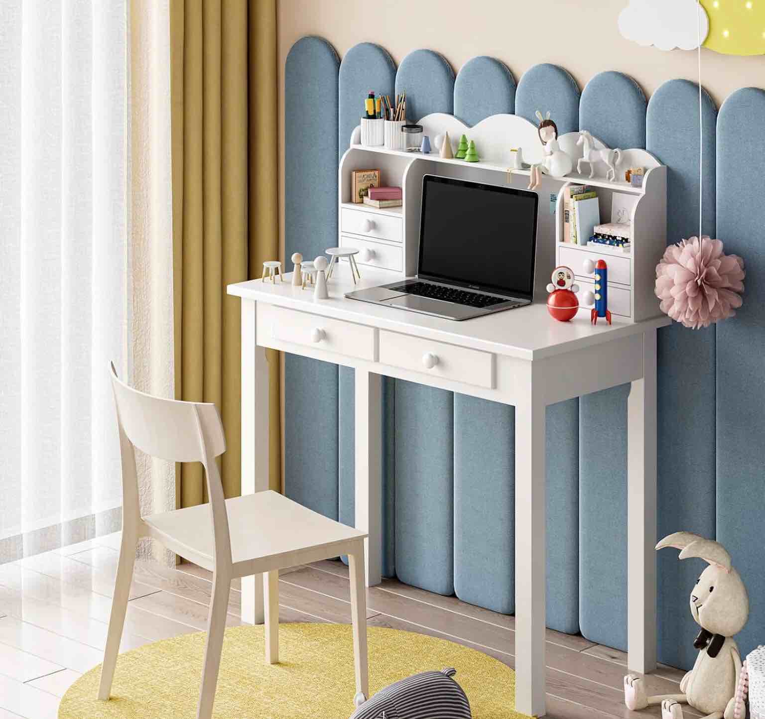 Small White Writing Desk Makeup Dressing Table With Hutch And USB Ports
