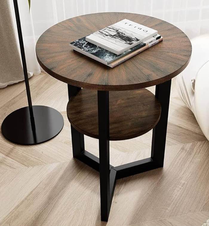 LEEMTORIG Round End Table, Farmhouse End Table for Living Room, Solid Wood 2-Tier Circle Side Table Nightstand, Wood Tabletop & Metal Frame, 25.2" D x 24" H, Black Brass, CJZ-1338-BK