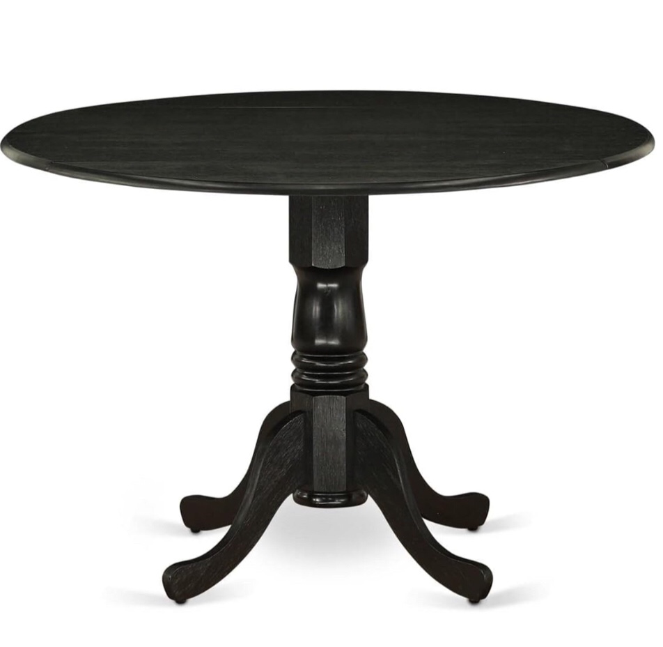 East West Furniture DLT-ABK-TP Dublin Dining Table - a Round Wooden Table Top with Dropleaf & Pedestal Base, 42x42 Inch, Wirebrushed Black(Incomplete)
