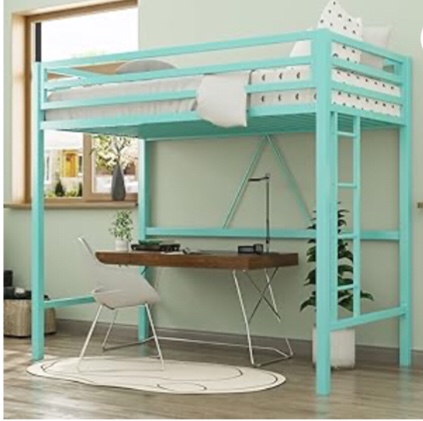 IMUsee Loft Bed Frame for Juniors&Adults, Metal Loft Bed Twin Size with Safety Guardrail & Removable Ladder, Space-Saving, Noise Free, Aqua Green