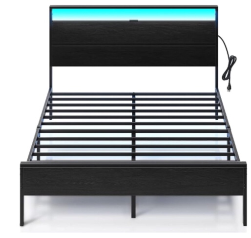 Rolanstar Bed Frame with Charging Station, Queen Bed with LED Lights Headboard, Metal Platform, Strong Metal Slats Support, 10.2” Under Bed Storage Clearance
