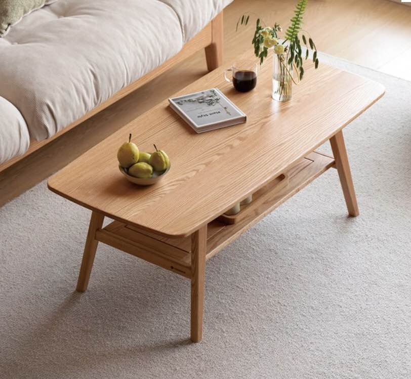 Hymus Wood Coffee Table - 100% Solid Oak Wood- 2-Tier Coffee Table with Storage for Living Room, Eco-Friendly Finish, Easy Assembly (Natural, 47.24" D x 22.04" W x 17.32" H)