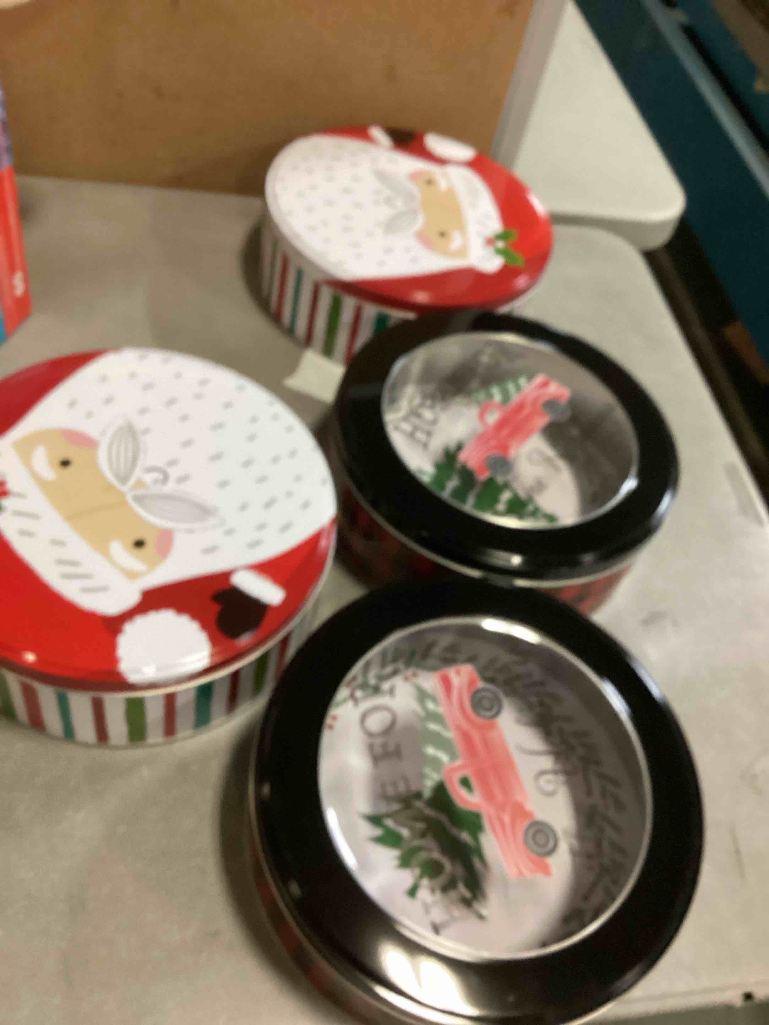 holiday time large round window tin