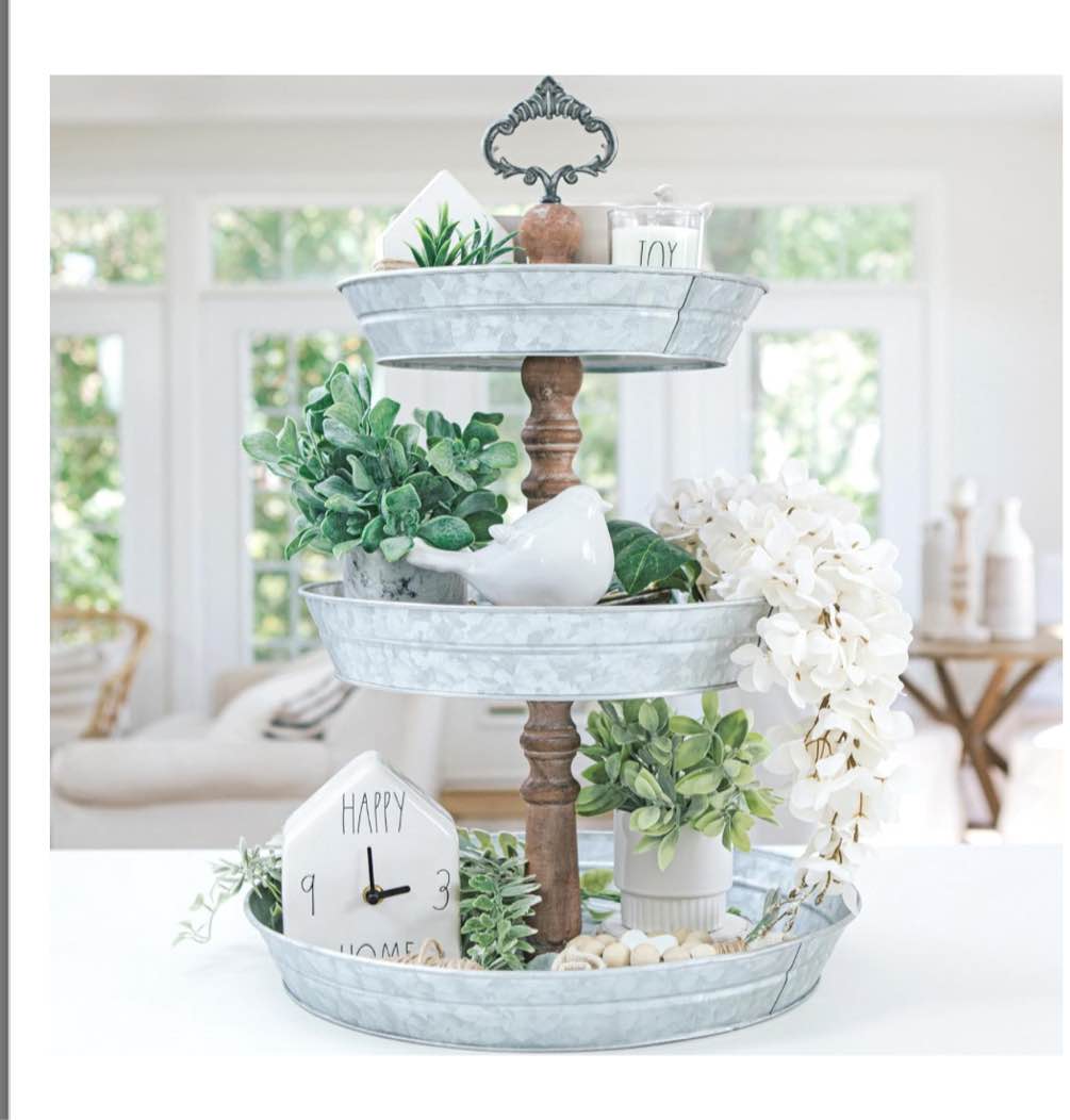 3 Tier Round Serving Tray by Felt Creative Home Goods - Decorative Rustic Farmhouse Galvanized Metal Three Tiered Serving Stand with Wooden Dowels and Handle for Kitchen and Dining Room Decor