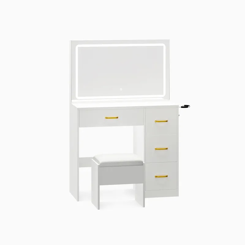 (box 1 of2 )Modern Mirror Makeup Vanity with 4 Drawers Charging Station and Light Strip, White & Black