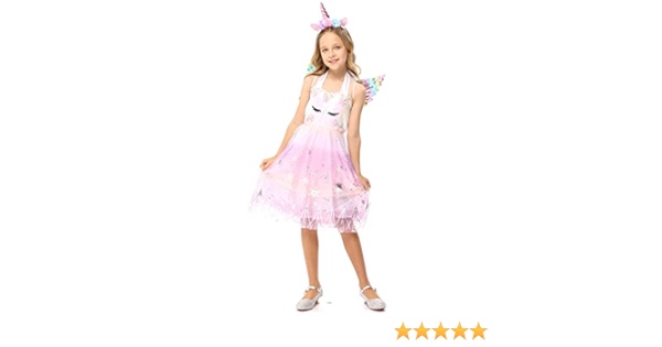 Twister.CK Princess Dress Up Girls Unicorn Dress Outfit with Unicorn Headband and Rainbow Wings for Girls Costume Halloween Birthday Theme Party M, Pink