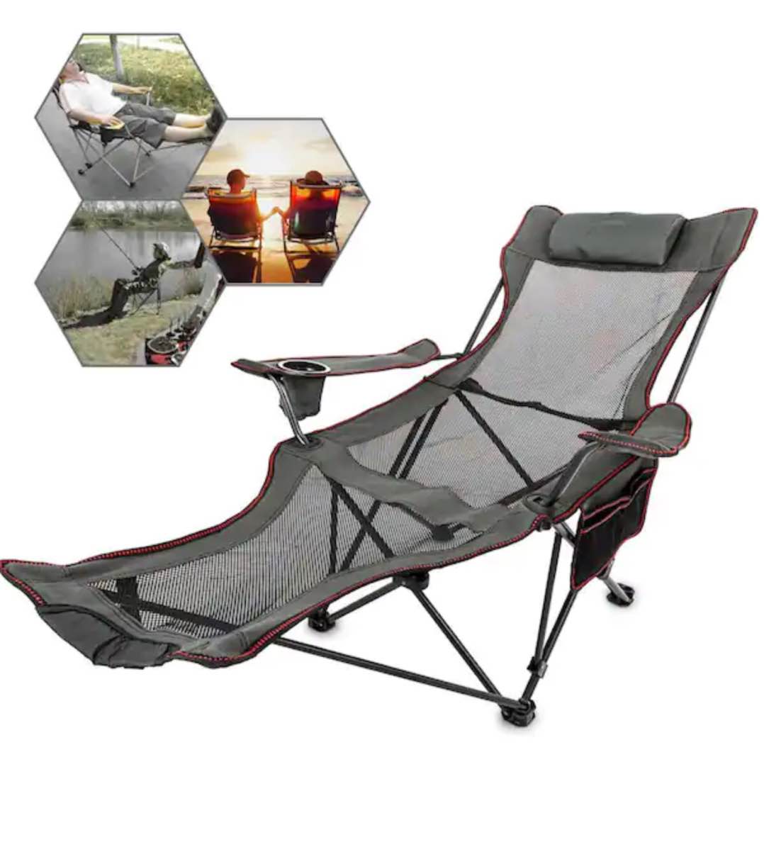 Folding Camp Chair Max Up to 330 lb. Reclining Camp Chair with Height Adjustable Lounge Chair for Outdoor or Indoor,Grey