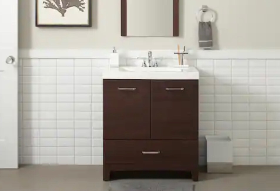 Glacier Bay Stancliff 31 in. W x 19 in. D x 34 in. H Single Sink Bath Vanity in Elm Ember with White Cultured Marble To